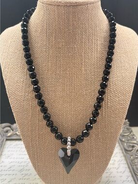 Faceted Black Onyx Bead Necklace with Swarovski Heart Pendant Sterling Silver